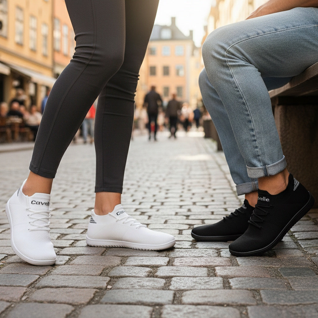 Sorte og hvide barfodssko på brostensbelagt bygade