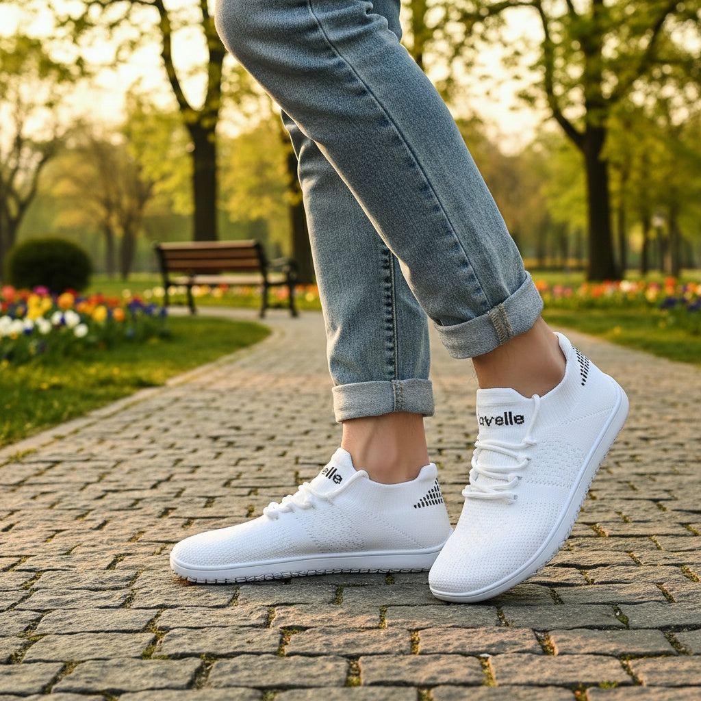 Hvide Ventra barfodssko på brostenssti med opsmøgede jeans i park