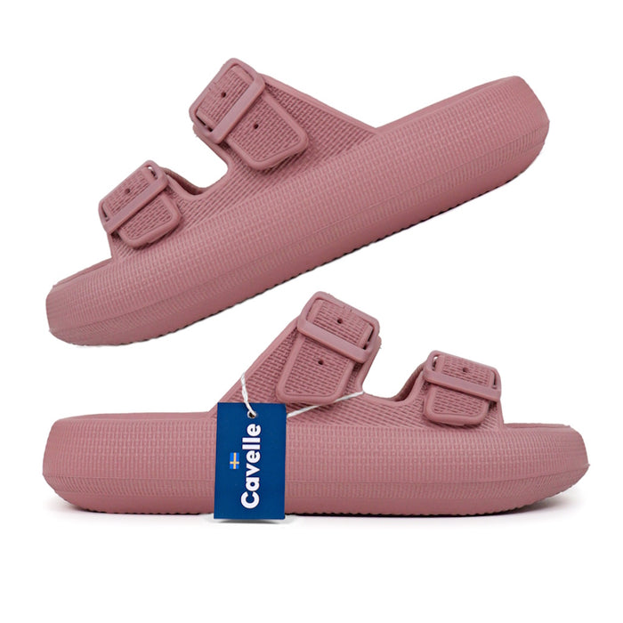 Blushfarvede justerbare slippers med to spænder og blå Cavello-mærkat